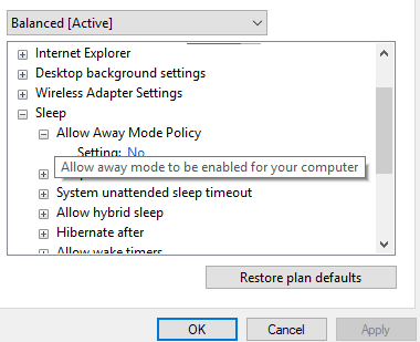 windows 10 away mode